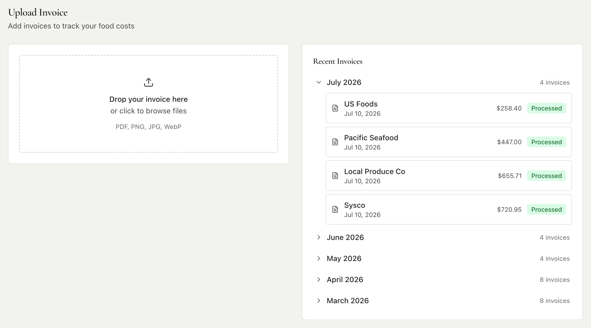 The CostCreep upload screen, with a drop area accepting PDF, PNG, JPG and WebP files alongside recent invoices grouped by month. July 2026 is expanded to show four processed invoices from US Foods, Pacific Seafood, Local Produce Co and Sysco.